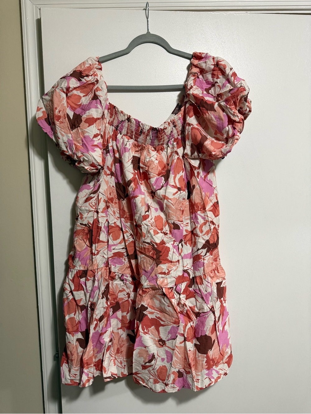Chic Soul Pink, Coral & Brown Floral Puff-Sleeve Mini Dress